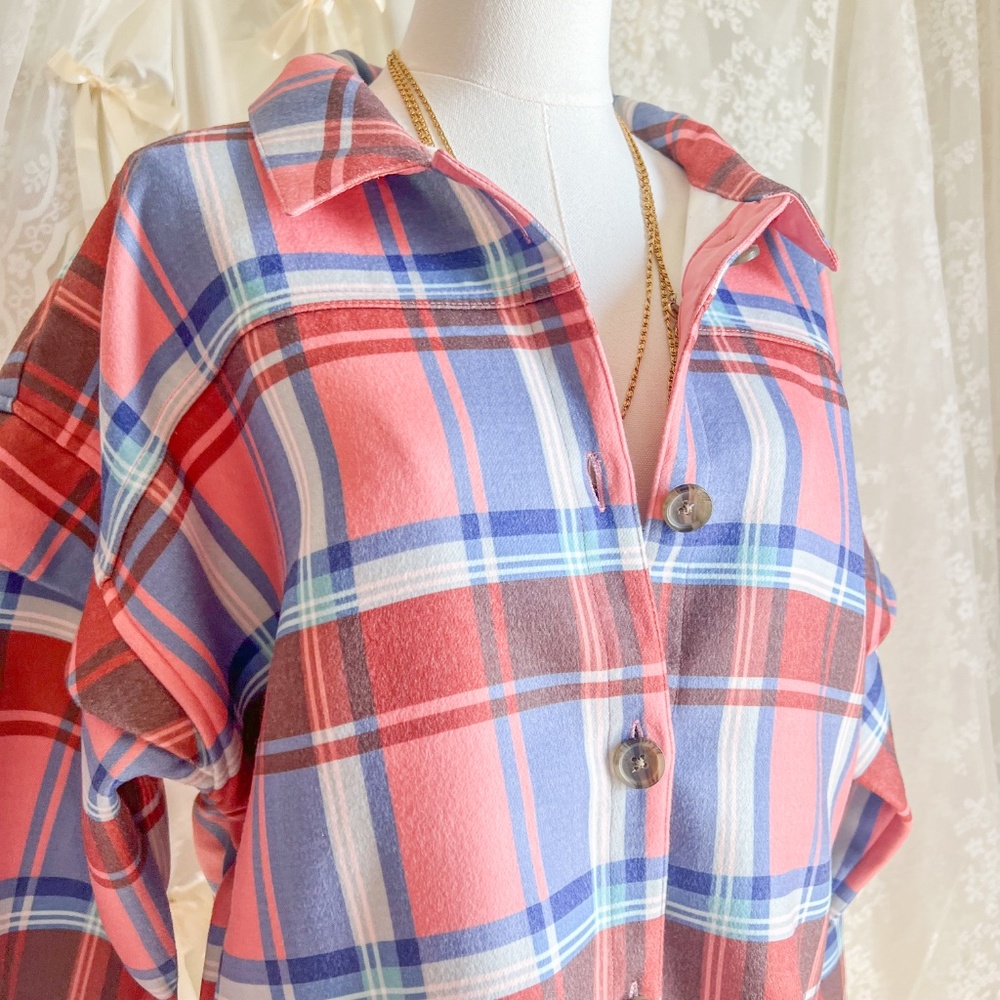 Pink and Blue Plaid Button Down Shacket - Picture 3 of 5